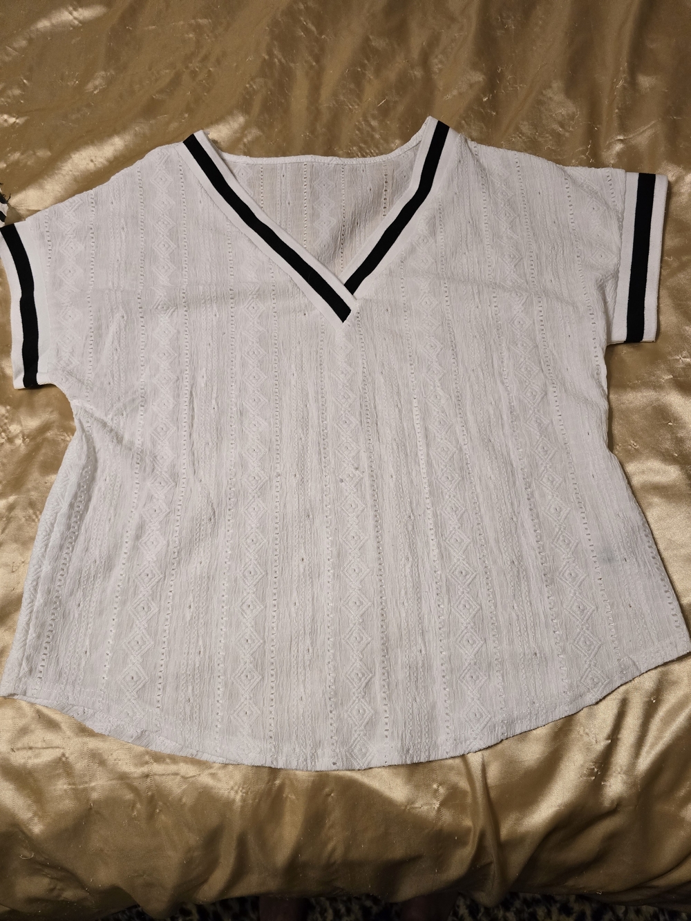 Women's White V-Neck Short Sleeve Top with Black Trim